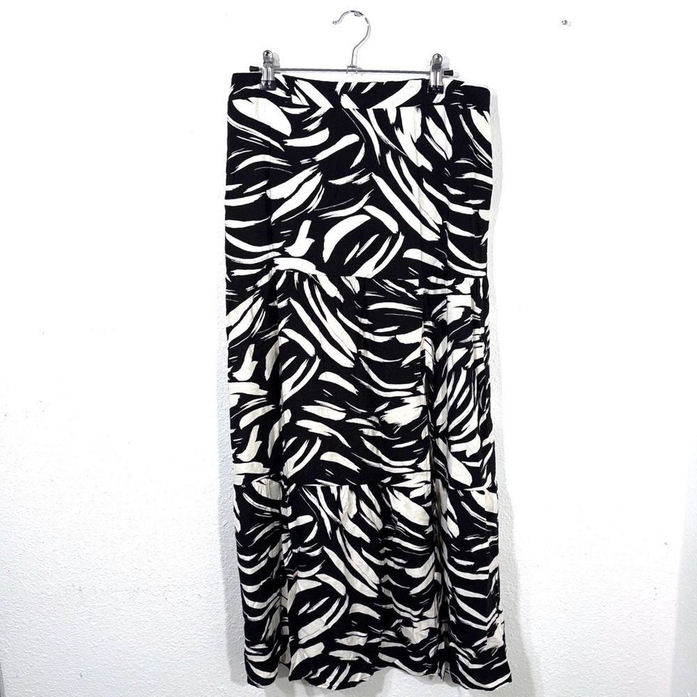 Black White Abstract Brushstroke Tiered Maxi Skirt L Slit Artsy Boho Quirky Dark